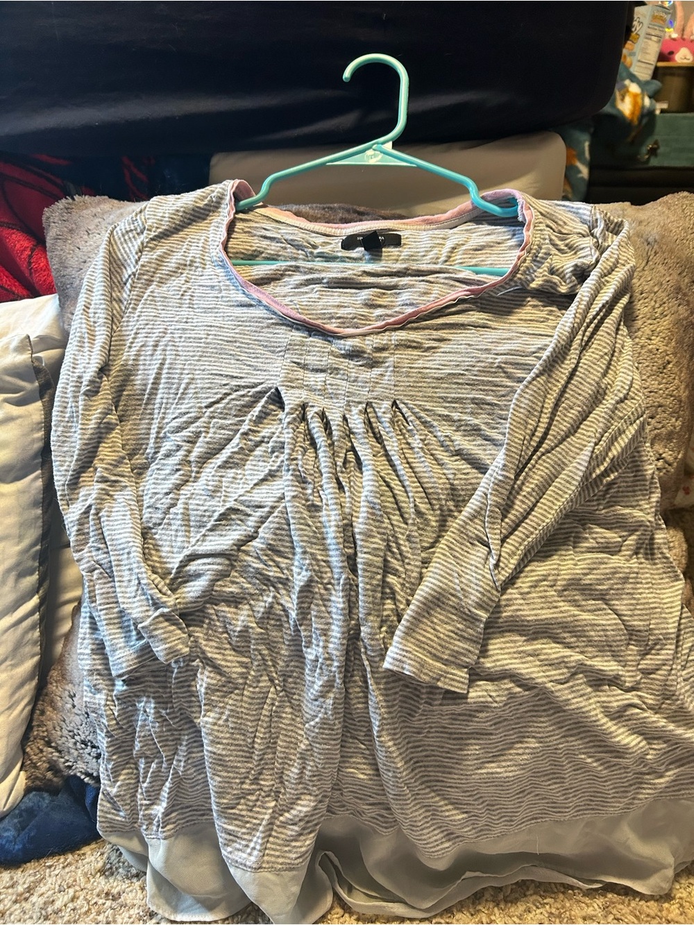 Simply Vera Vera Wang Gray & White Striped Scoop Neck Tunic with Pink Trim